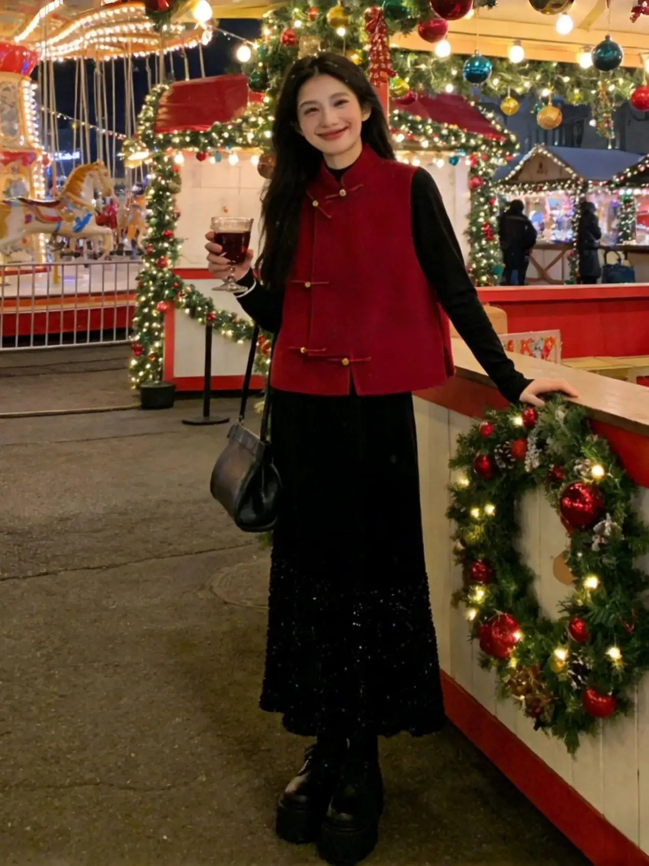 Red Chinese Style Button Backless Vest Long Sleeve Stand Collar Top with Black  Skirt Two-Piece Set Women's Fashion