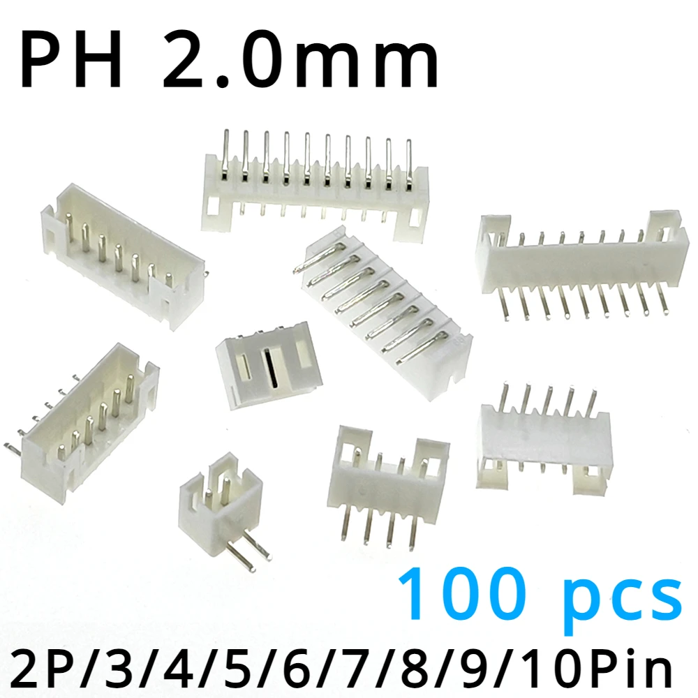 

100 pcs of PH 2.0mm 2P/3/4/5/6/7/8/9/10Pin Right-Angle JST Socket Male Connector White