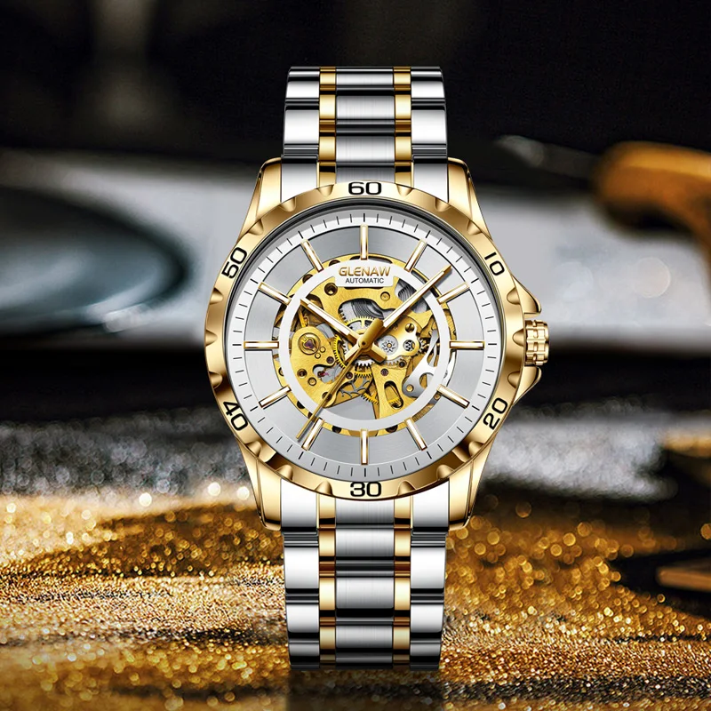 GLENAW-ساعة حركة ميكانيكية أوتوماتيكية بالكامل للرجال ، ستانلس ستيل ، كرونوغراف مقاوم للماء ، ساعة مضيئة ، مقياس الطلب ، ذكر ، رجال