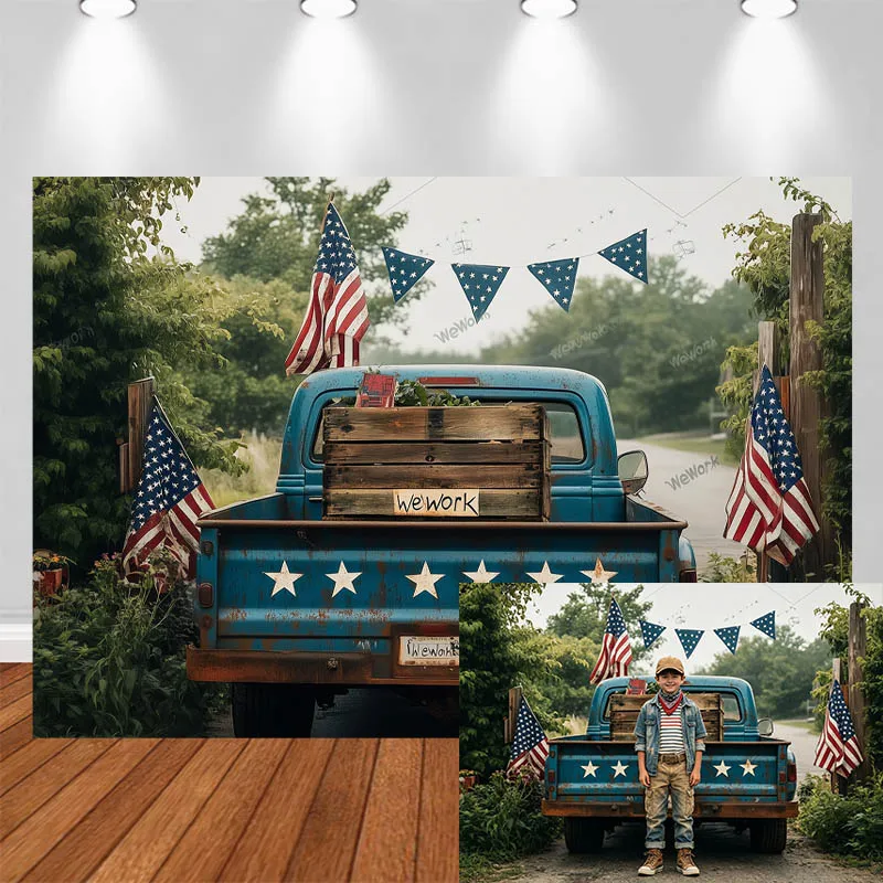 LS Independence Day Photography Background Triple Flag USA Flag Vintage Blue Pickup Decor Adult Portrait Photo Backdrop Studio