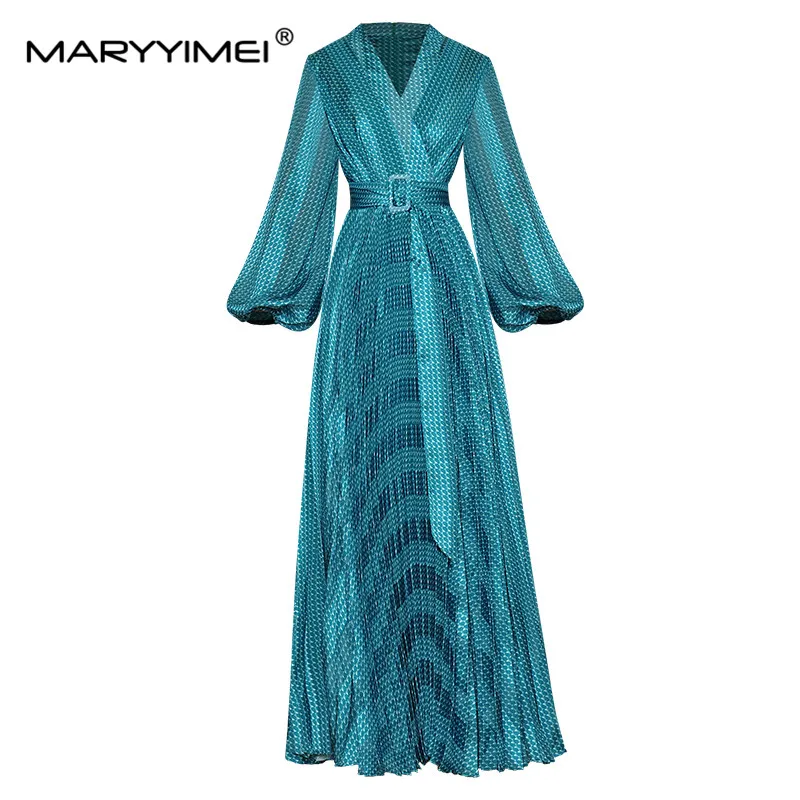 

MARYYIMEI Fashion Designer dress Autumn Women Dress V Neck Lantern sleeve Lace up Printed Holiday Elegant Pleated Dresses