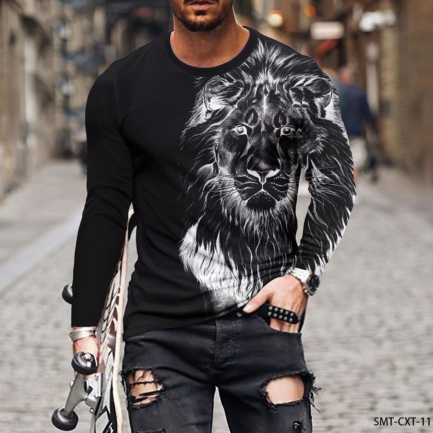 New Spring and Autumn Fashion Men's Top 3D Lion Print Round Neck Sports Casual Soft Long sleeved T-shirt