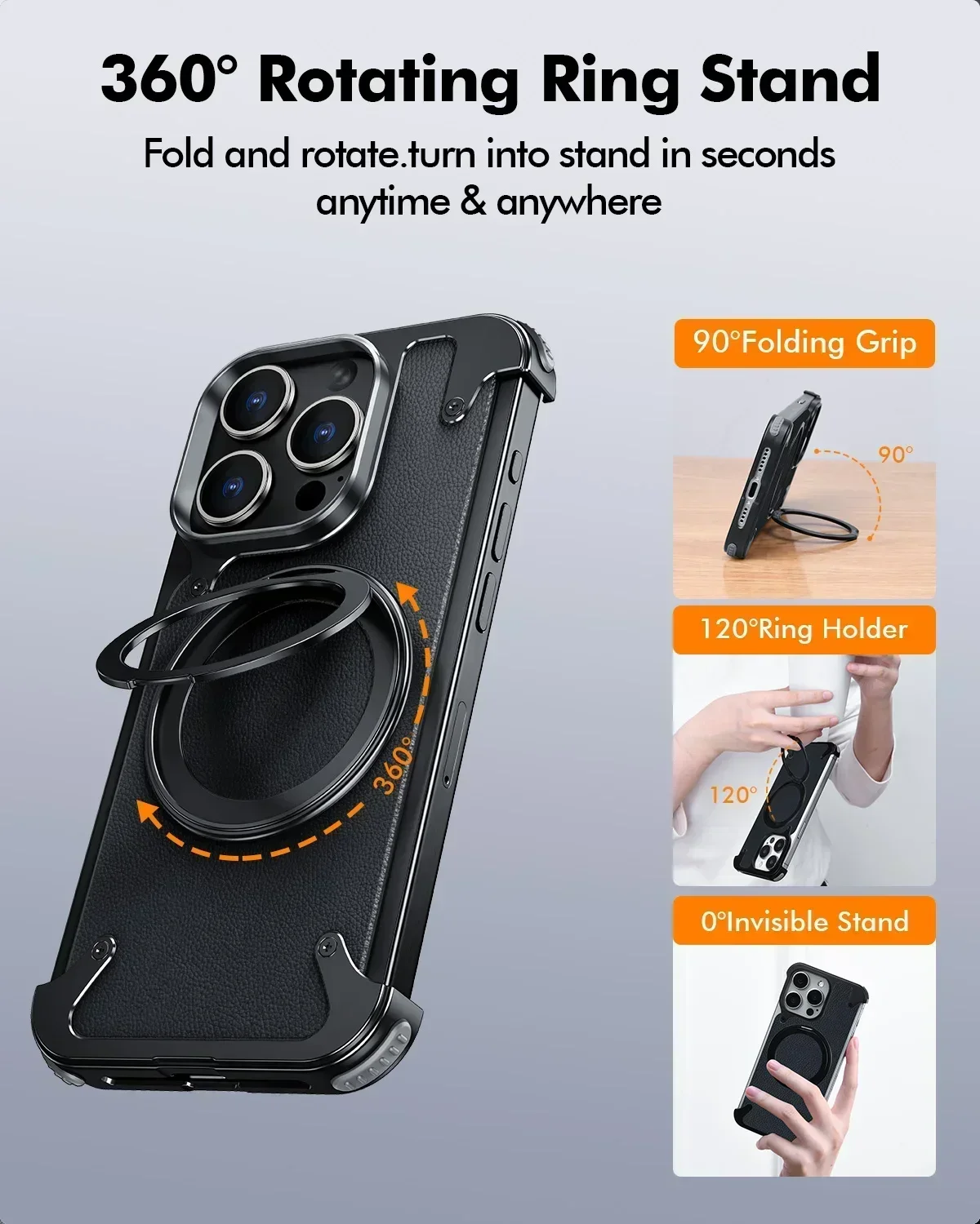 Eary for iPhone 17 16 15 Pro Max Phone Case for Magsafe Kickstand 360°Rotatable Stand Leather Shells Frameless Shockproof Cover