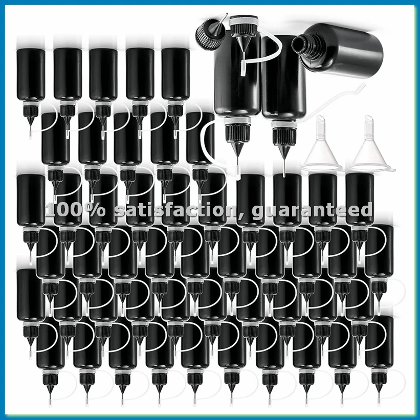 50 Pack Black Precision Tip Applicator Bottles with 2 Funnels, 1 Oz / 30ml Needle Tip Glue Bottles, Small Squeeze Bottle-A51M