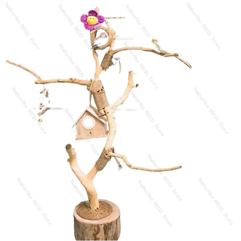 Natural wood branch bird stand perch tree-style parrot gnaw chewing toy swing habitat frame for phoenix parrots pet playground