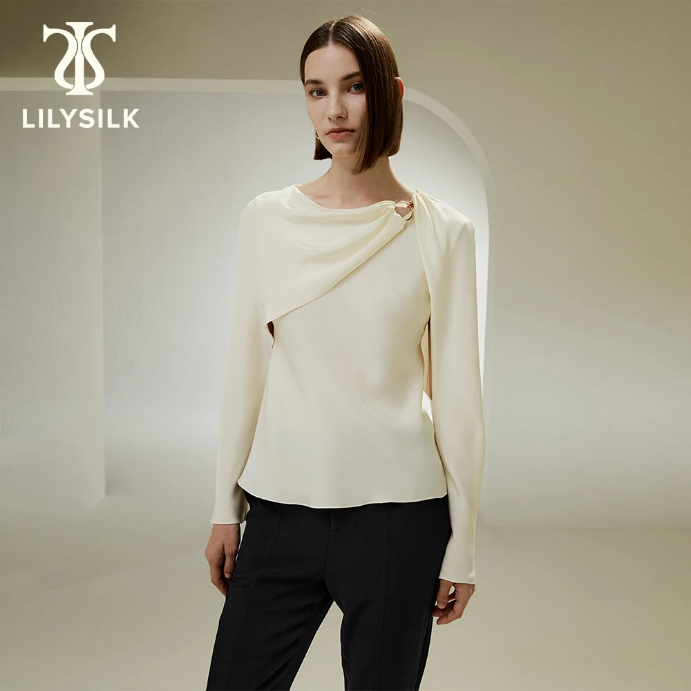 

LILYSILK Silk Blouse for Women 2023 Fall 30 Momme Asymmetrical Metal Ring Buckle Wrap Luxury Elegant Clothing Traf Free Shipping