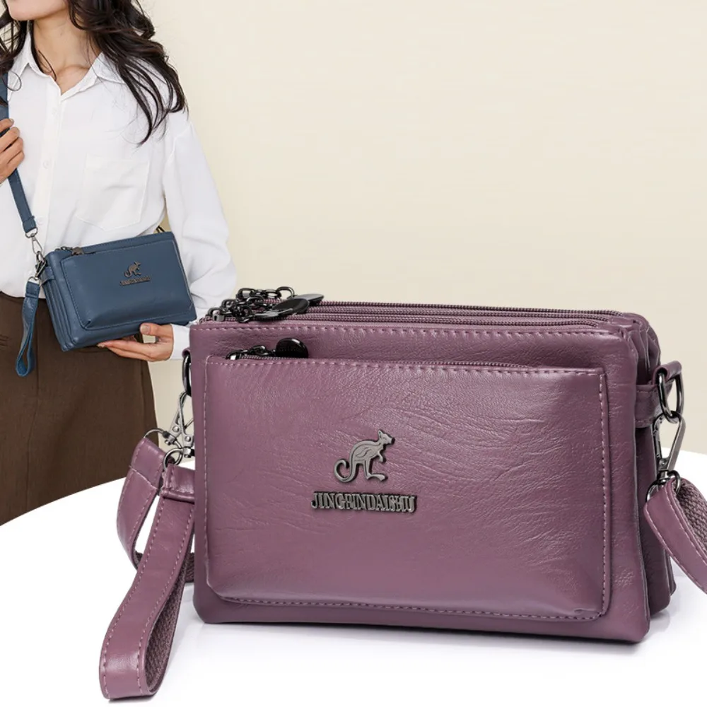 

Soft Multiple Zip Pockets Shoulder Bag Retro Waterproof PU Leather Crossbody Bag Adjustable Strap Simple Square Phone Bag Girls