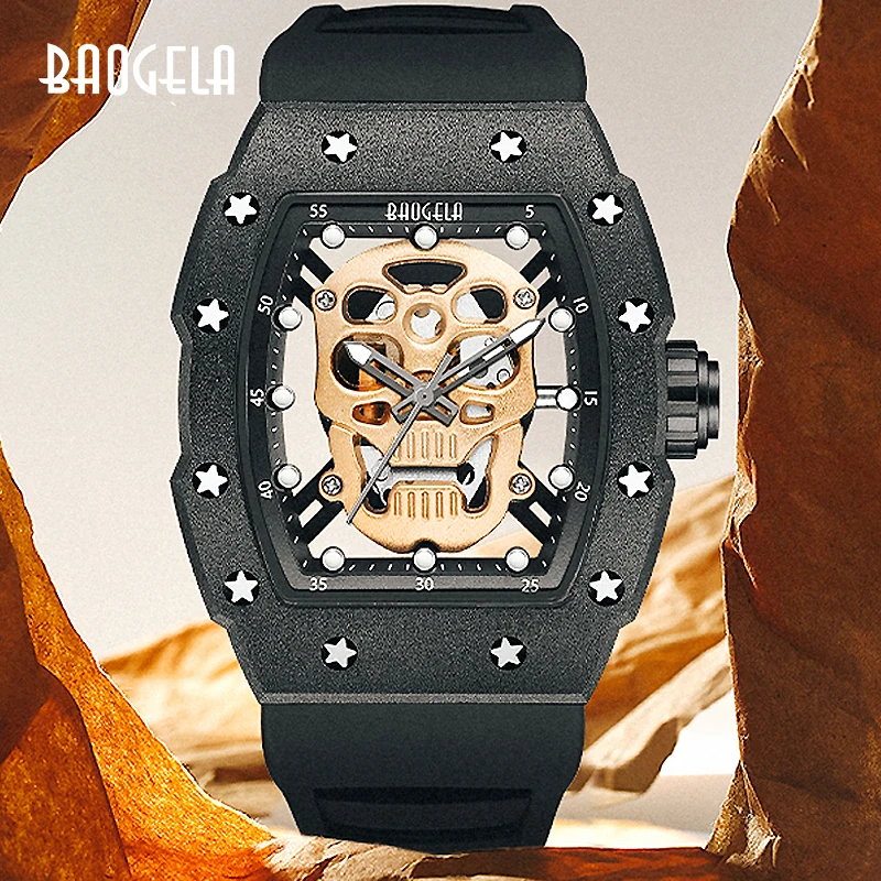 BAOGELA Skull Tonneau Watch Top Brand Quartz Stainless Steel Watches Waterproof Creative Clock Silicone Strap Wrist Watch Rose