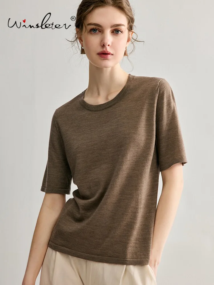 Winsleter-100%Wool Elegant T-Shirt, O Neck Short Sleeve Solid, Women Simplicity Commute Knit Loose Top, 2026 Autumn New T67611CC