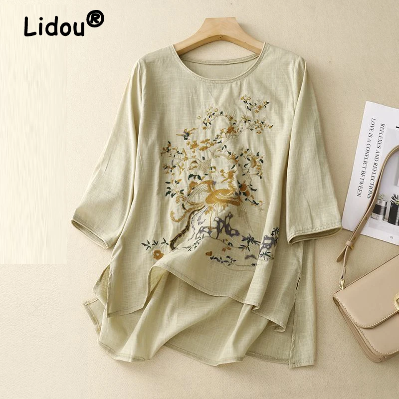 Women\'s Chinese Style Vintage Embroidery Cotton Linen Short Sleeve T-shirts 2024 Summer Ladies O Neck Loose Split Irregular Tops