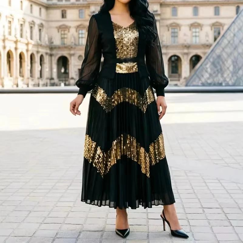 ANLAN Sequin Patchwork Design Women's Pleated Dress Fashion Fake Two Piece Long Sleeve Famale Clothing With Waist Belt 2026 New