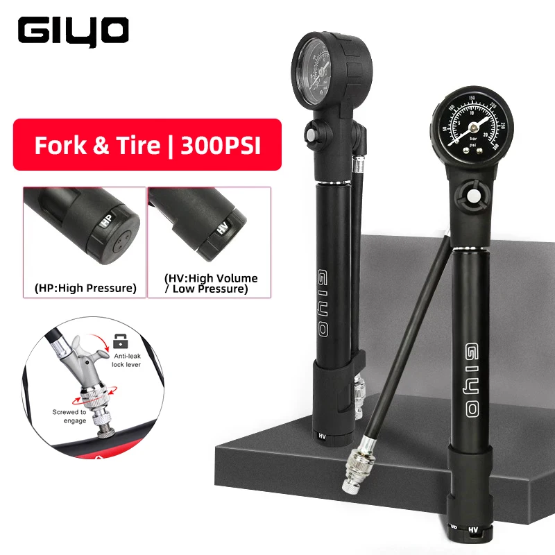 

GIYO Bike Fork Pump 300PSI With Gauge MTB Schrader Presta Tyre Inflator 2 Mode Rear Suspension Cycling Accessories