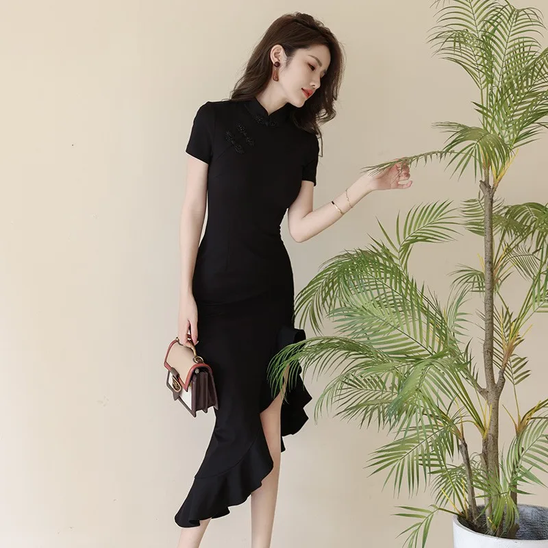 فستان تشيباو نسائي أسود غير منتظم بذيل السمكة، موديل صيف 2025 الجديد، خصر مرتفع، قطن، أكمام قصيرة، تصميم أساسي للمنزل والأعمال #5