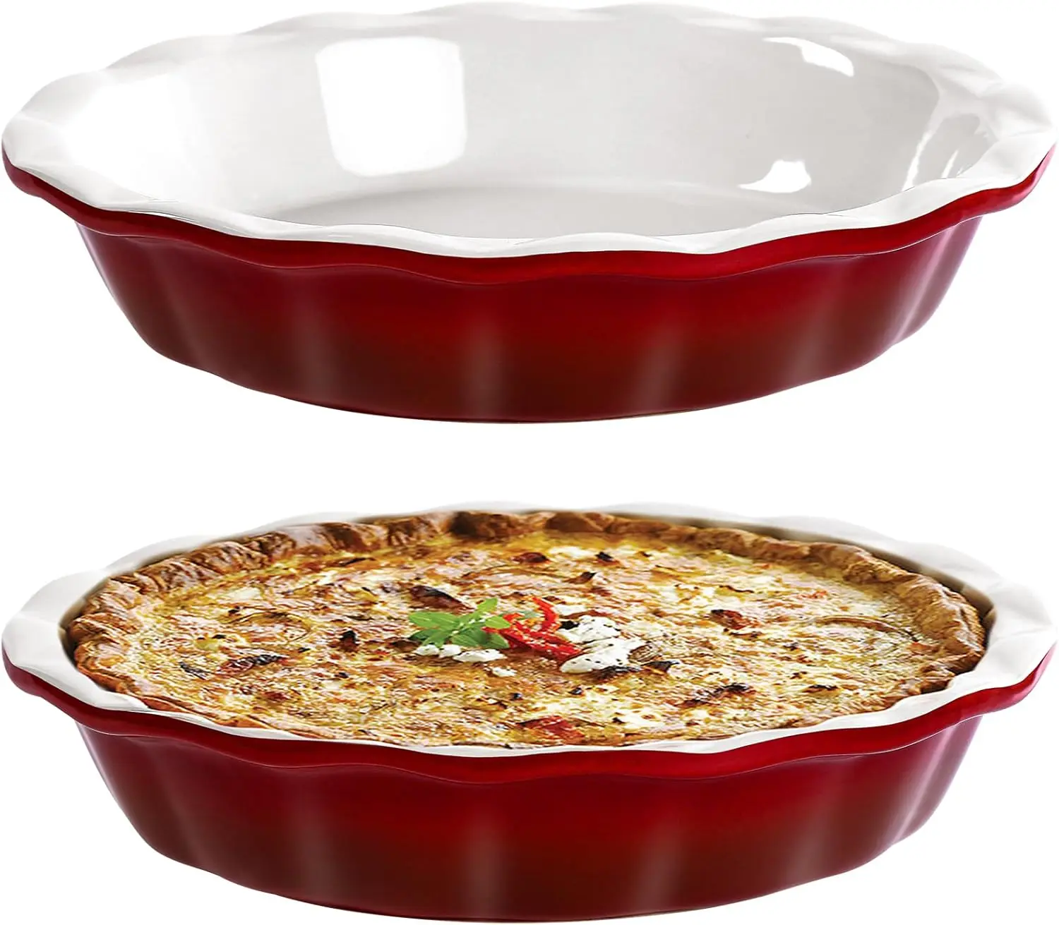 

9-Inch Ceramic Deep Dish Pie Pan Set of 2, Fluted Rim for Baking Apple Quiche Pot Pies, Red