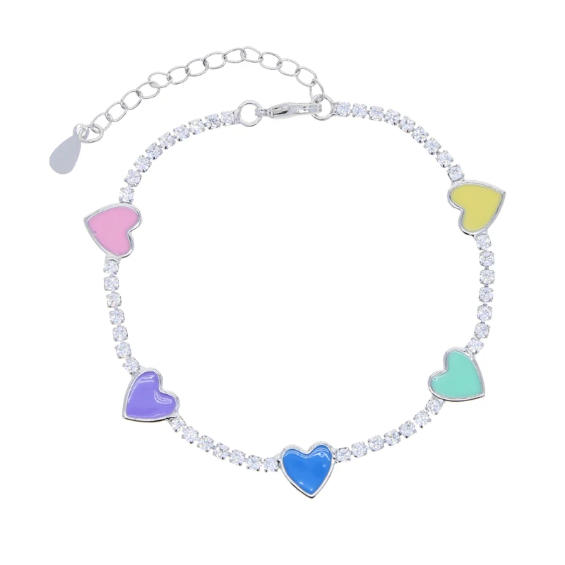 Pastel Enamel Heart Charm 2mm CZ Tennis Chain Colorful Summer Girl Women Hot Selling Fashion Bracelet