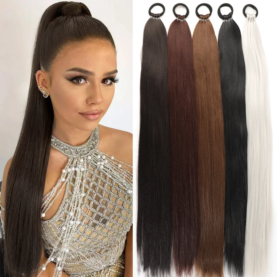 Cola de caballo sintética recta de 28 pulgadas con cuerda elástica, accesorio de cabello moderno para uso diario y fiestas