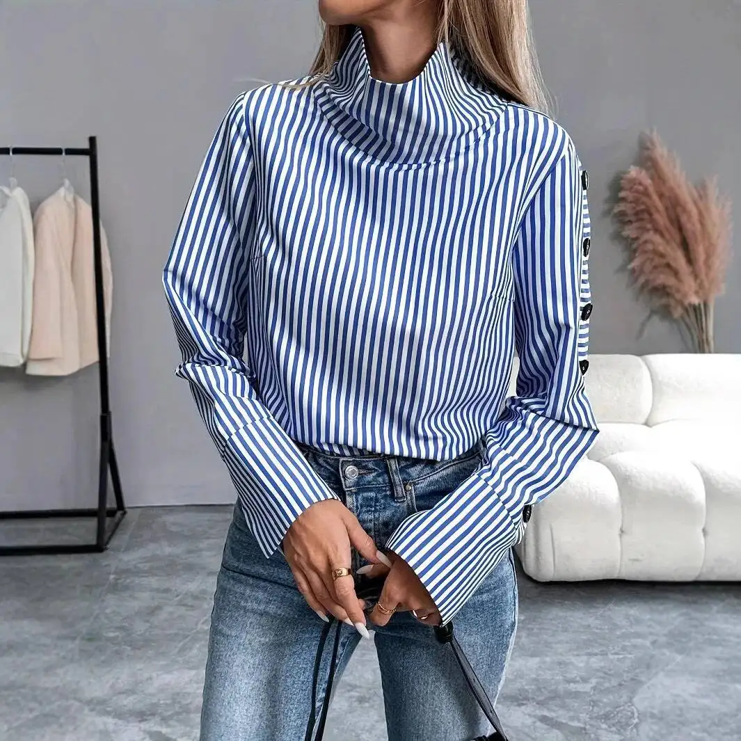 Spring Shirt New Stripe Long Sleeved Top For Women Elegant Office Lady Spliced ​​Buttons Pullover Woman Blouse 2025 Blusas