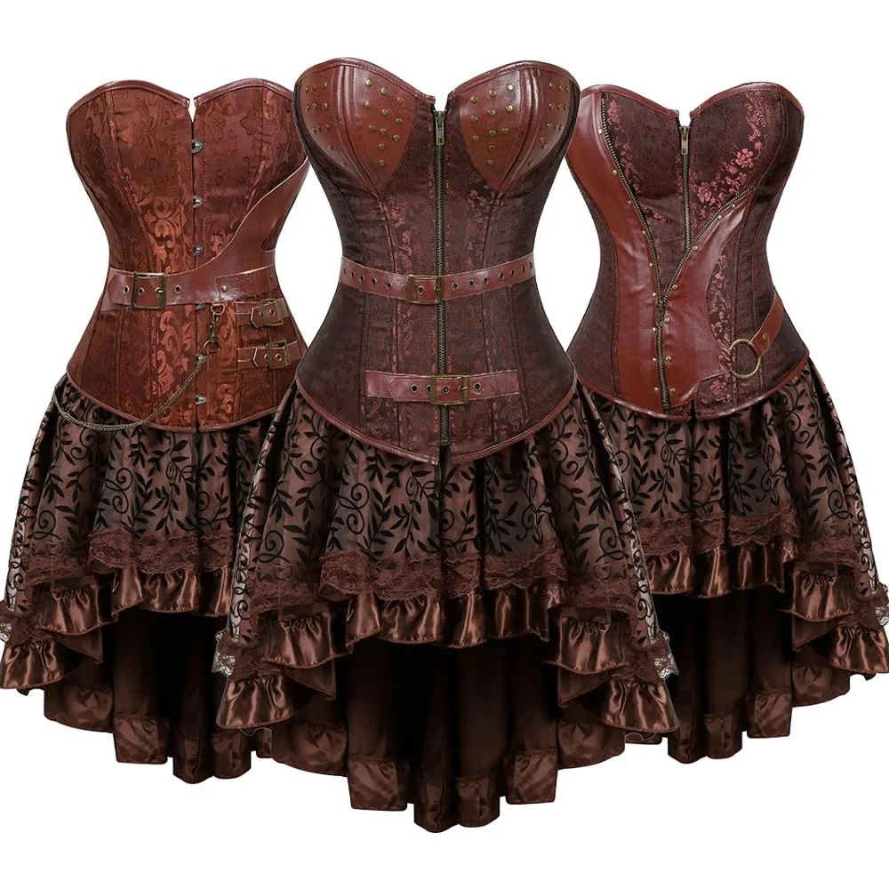 

Women Brown Steampunk PU Leather Overbust Corset Skirt Set Floral Lace Skirt Gothic Corset Dress Plus Size