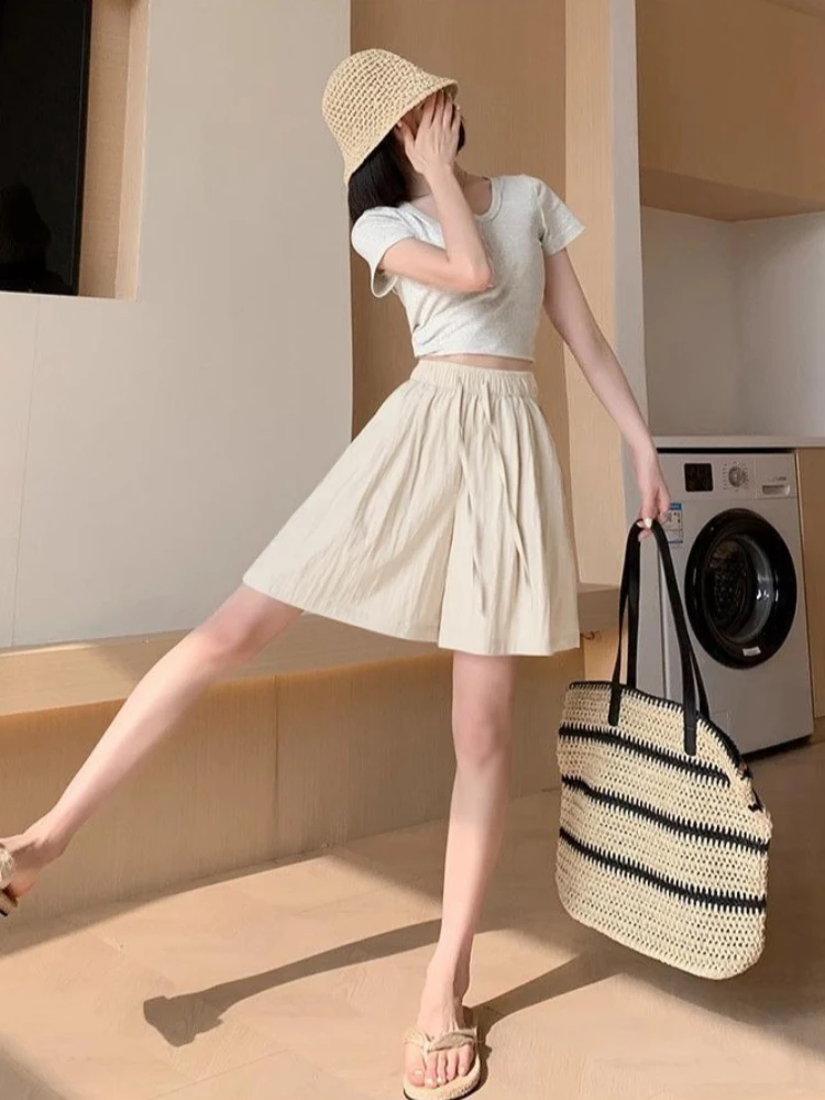 

Two Piece Set High Waisted Shorts for Women Baggy Cotton Mid Calf Shorts Soft Comfortable Daily Wear Available