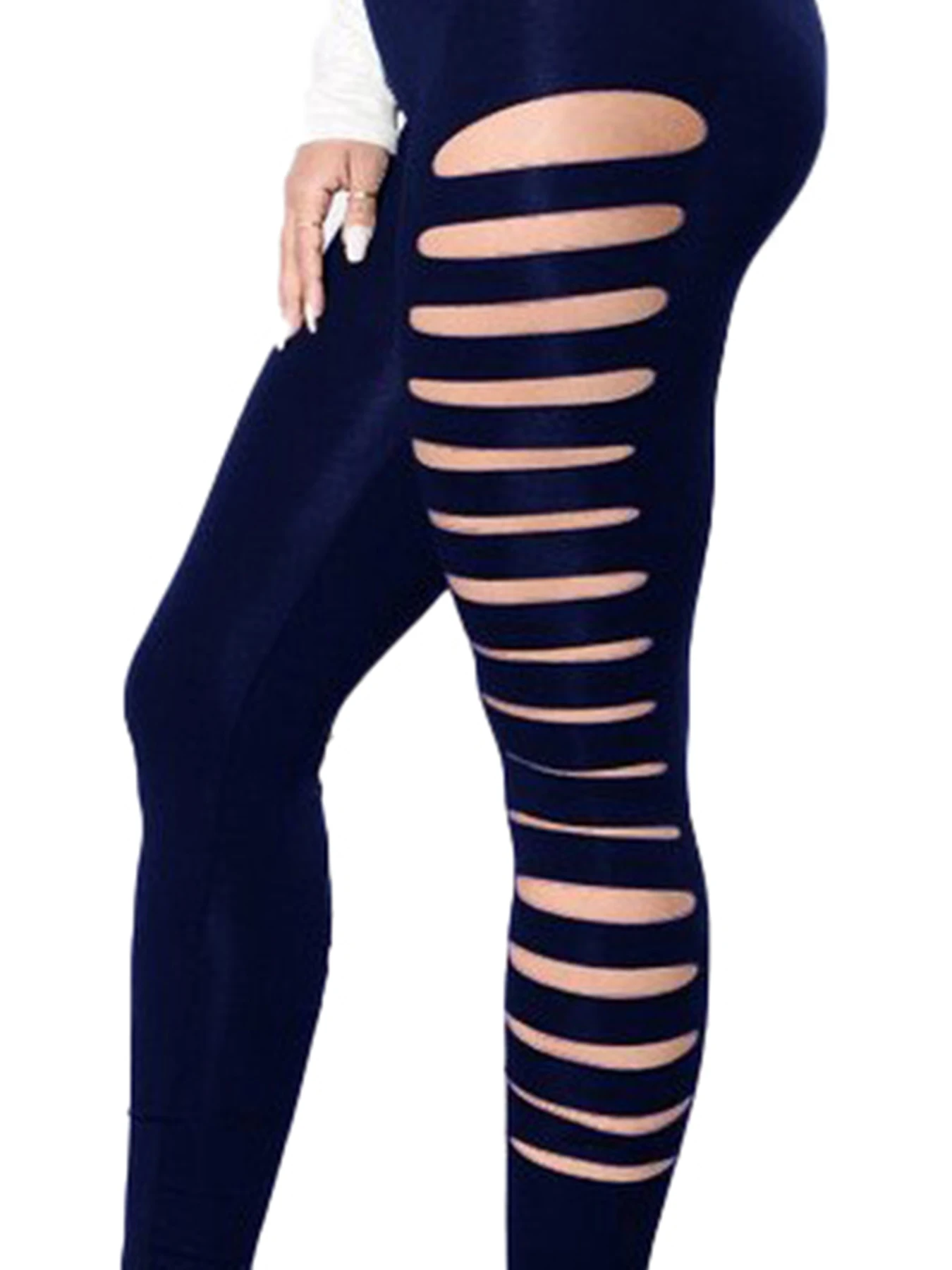 New Spring And Autumn Women Fashion Navy Blue Side Hole Nine-quarter Pants Tight Leggings Women Elastic Side Hole Leggings