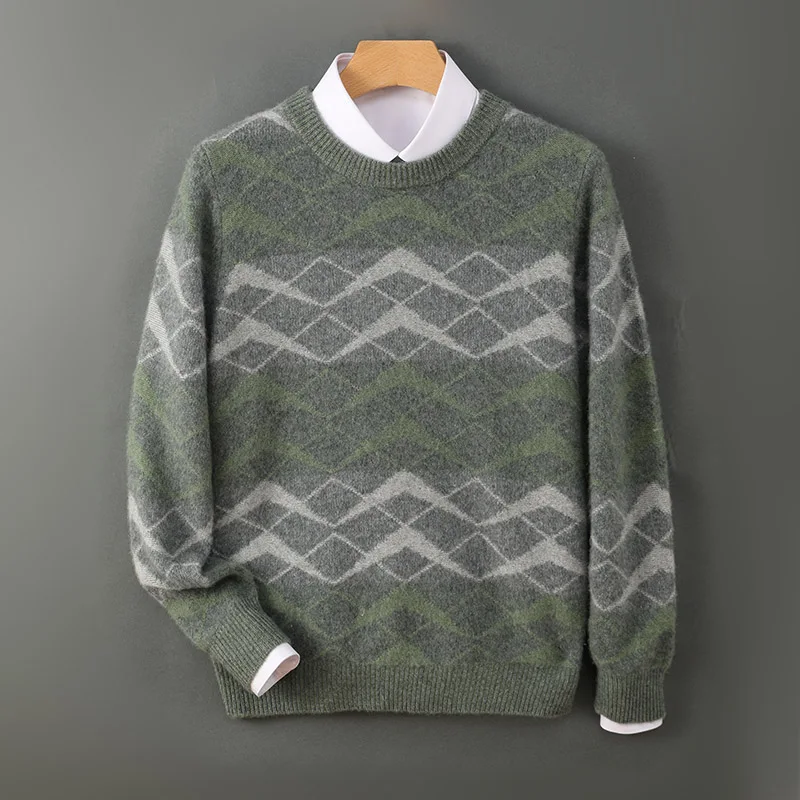 Maglione da uomo in lana merino al 100% con onde d'acqua, maglione con scollo a O, pullover ispessente, autunno inverno, maglione a maniche lunghe, top in maglia di cashmere