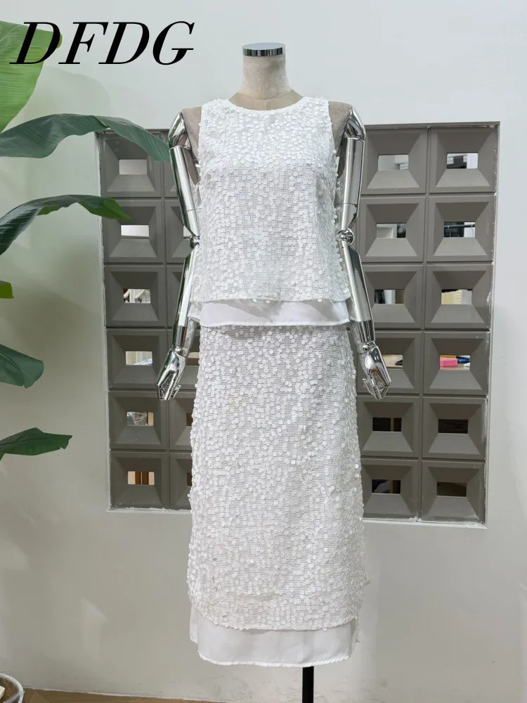 

DFDG Women 2026 Spring Summer Two Piece Outfit Sleeveless Sequin Embellished Crop Top Midi Skirt Set Elegant Party Cocktail Set