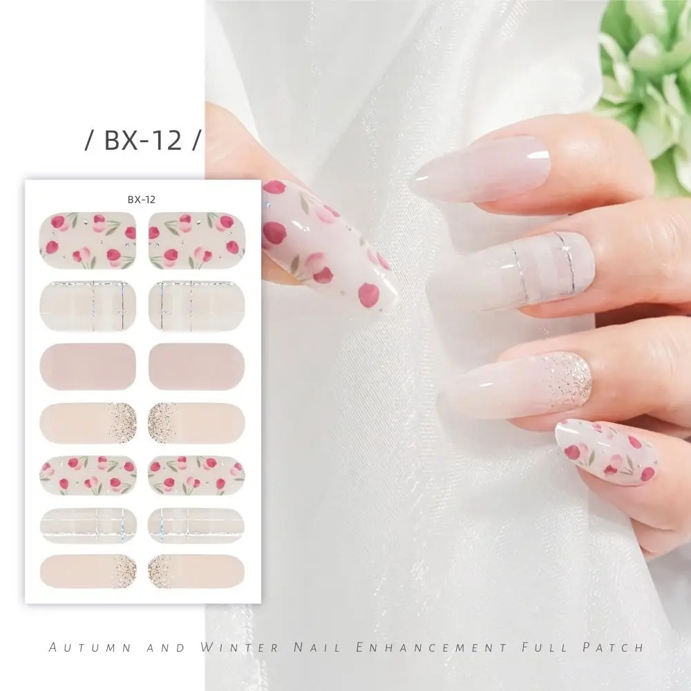 14 Strips Semi Cured Gel Nail Stickers Floristic Full Cover Nail Patch French Nail Art Gel Nail Polish Strips