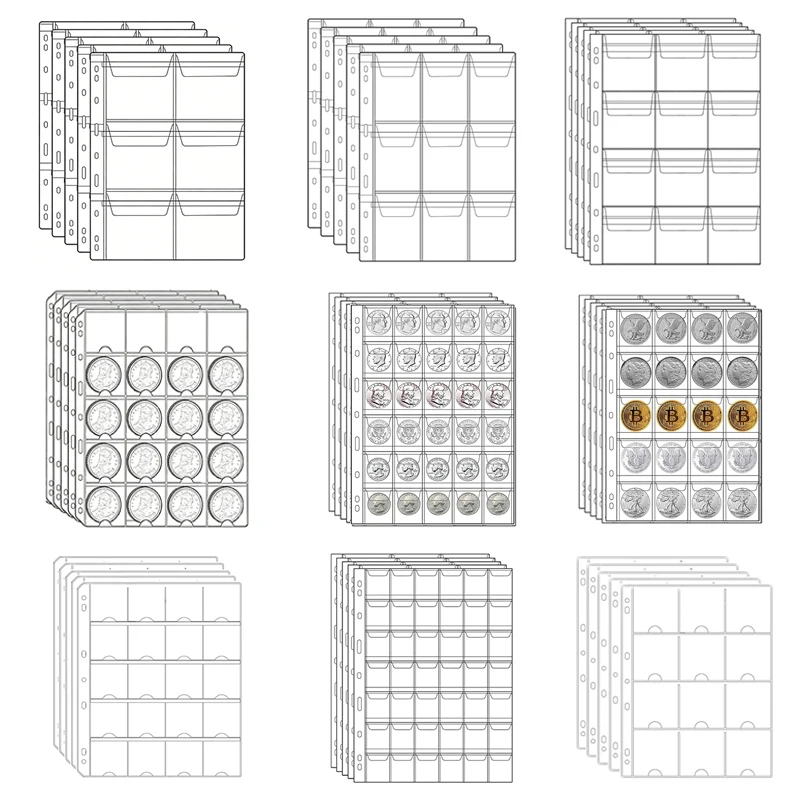 

A4 9-Hole Coin Album Pages,9/12/20/30/42 Pockets Clear Coin Sleeves,Standard Binder Inserts for Coin Collection Storage Supplies