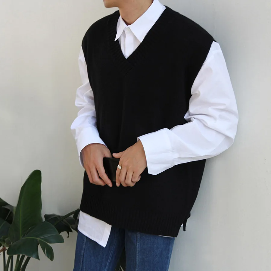 Sweater Men's Autumn and Winter Korean Style Trend Loose Knit Sweater Vest Autumn Ins Hong Kong Style Japanese Sleeveless