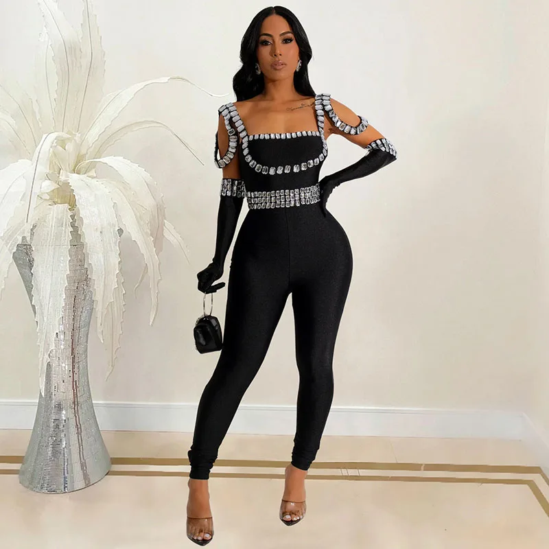 

Сексуальные облегающие комбинезоны с открытой спиной и бриллиантами для женщин, одежда для рейв-фестиваля, одежда для ночного клуба, вечерние комбинезоны с рукавами