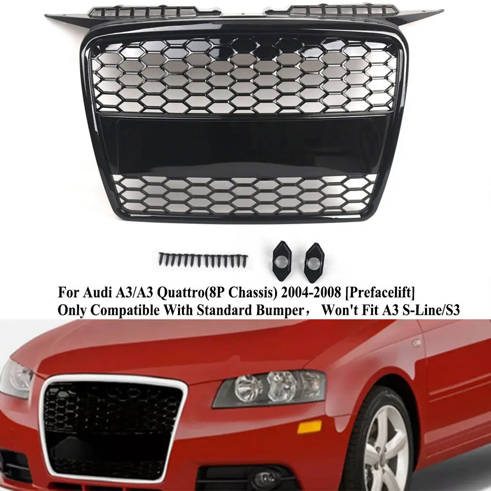 For European and American A3 04-08 Honeycomb front bumper grille Bright black racing grille Replacement parts OE:8P4853651A