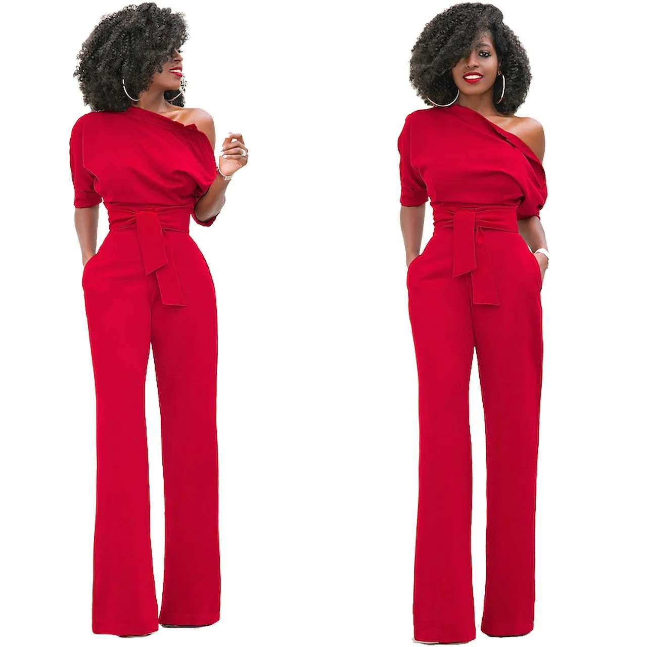 Women's Jumpsuit Solid Cap Sleeve Overalls Women High Waist Flared Romper One Shoulder Burgundy Wide Leg Jumpsuit Women's