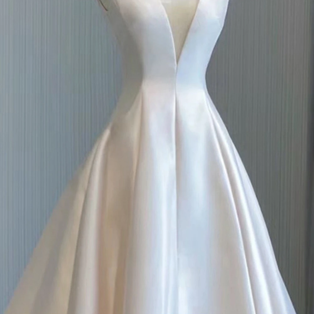 Vestidos de novia de satén con cuello en V, línea A, con lazo, sin espalda, personalizados