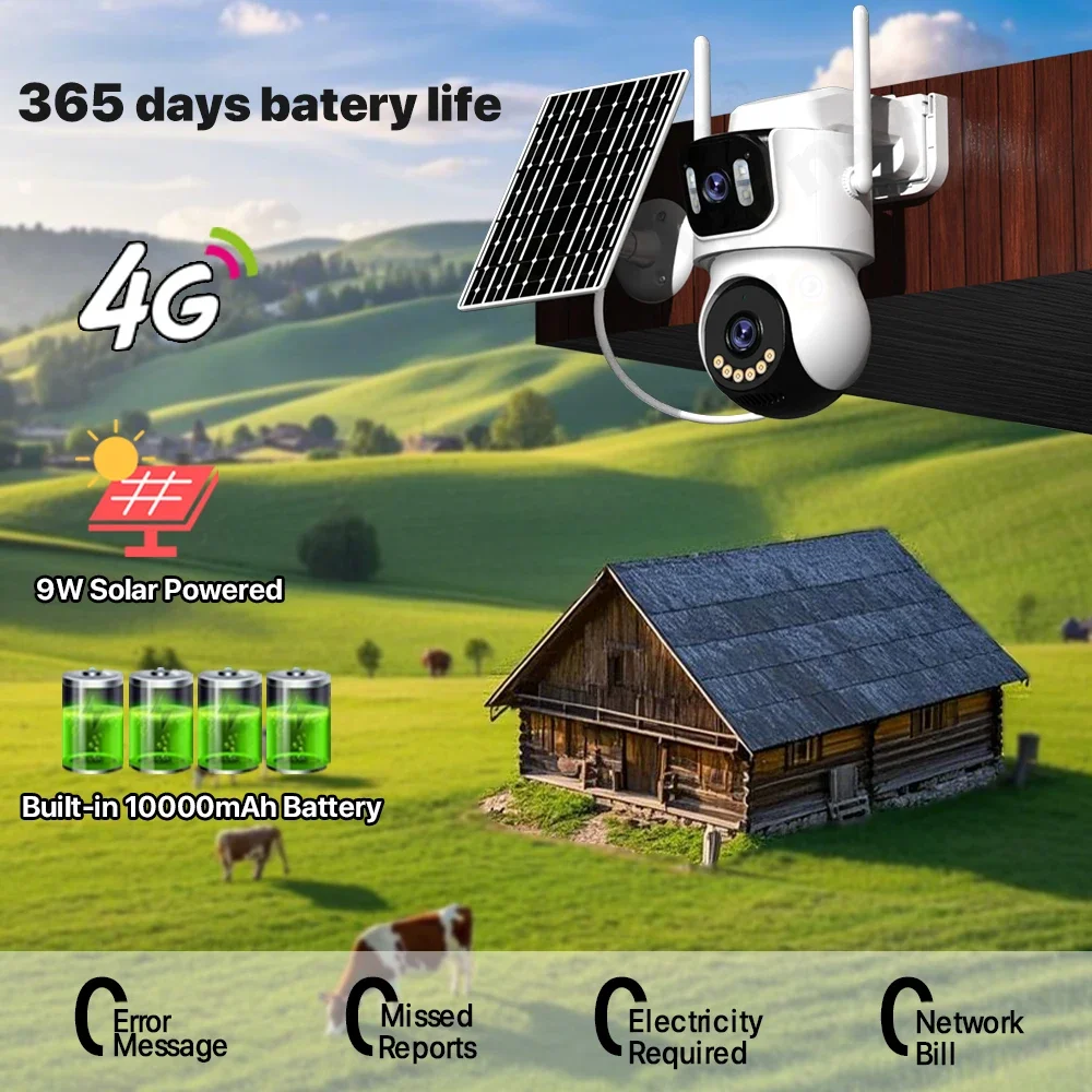 

Солнечная камера 4G Sim с 10-кратным зумом AOV, 24-часовая записывающая камера, уличная трехэкранная камера с автоматическим отслеживанием, 9 Вт, солнечная панель, аккумулятор 10000 мАч iCSee