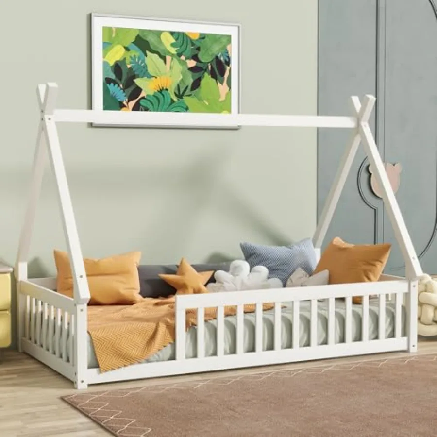 

Twin Size Floor Bed for Modern Tent-Shaped Montessori Floor Bed Frame with Slats and Guardrails Solid Wood Teepee Beds with Fen