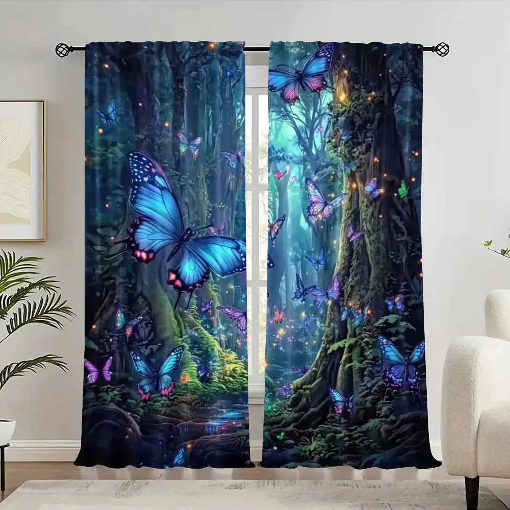 2Pcs Blue Butterfly Forest Printed Curtain Elegant Design Curtain Suitable For Bedroom Bathroom Living Room Dining Room Study