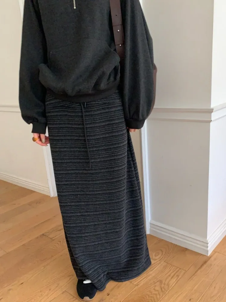 Korean Style Fashionable Simple Personality Drawstring Elastic Texture Stripe Slim Mid-Length Half Skirt Women Autumn Winter ...
