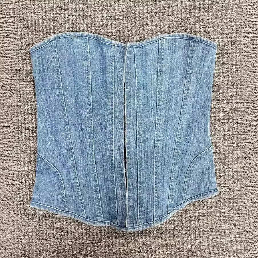 

Summer Women's Denim Crop Top Pure Color Single Button Asymmetrical ter Ne Waist Cinched Trendy Fem Faion