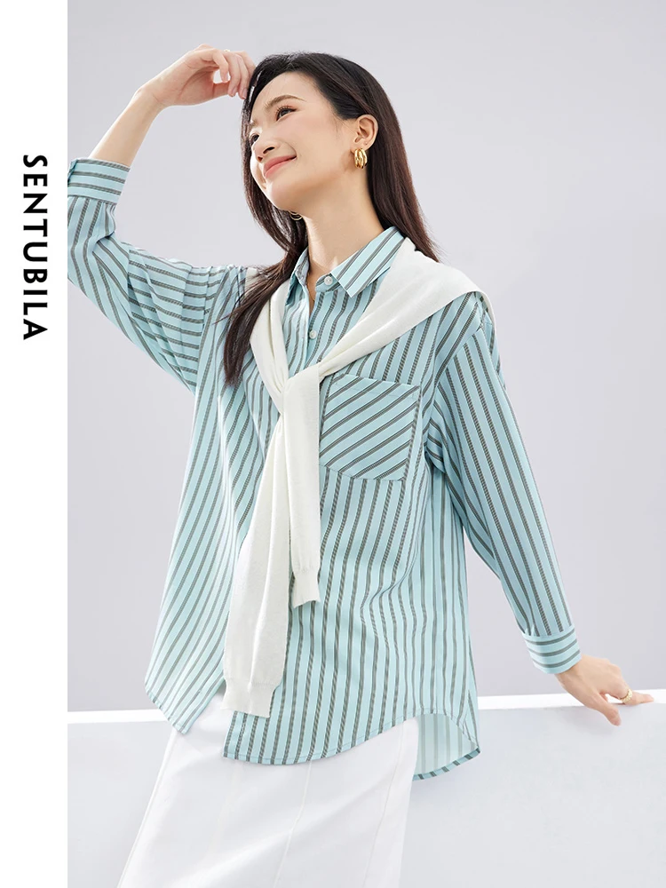 

SENTUBILA Blue Button Up Loose Striped Shirt Simple Shawl 2024 Spring Polo Collar Nine Quarter Women Shirts & Blouses 741C52643