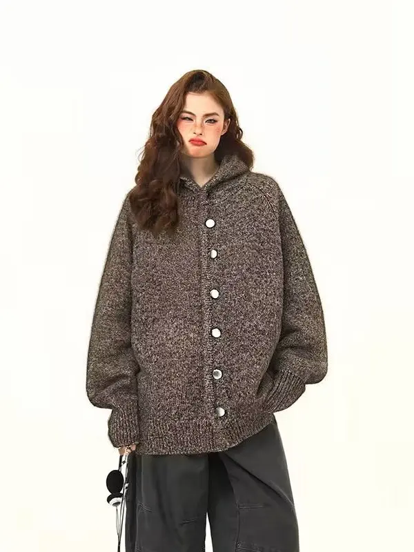 

Retro American Zipper Ne Sweater Women's Loose Slimming Knitted Top Autumn Winter New Design Casual Faion Outerwear