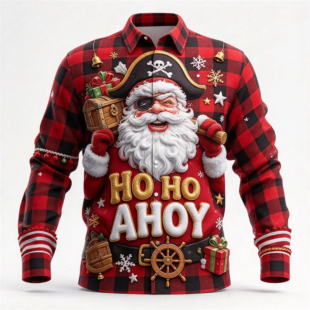 Men's Long Sleeve Ugly Christmas Shirt Tops Vintage Plaid Funny Santa Print Button Up Shirt Tee Holiday Xmas Party Costume Gifts