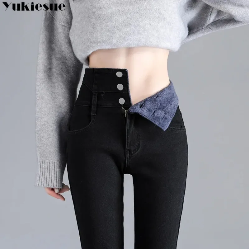 2022 hiver chaud mode coupe ajustée Stretch dames décontracté Denim crayon pantalon épais HarajukuWomen taille haute jean maigre polaire