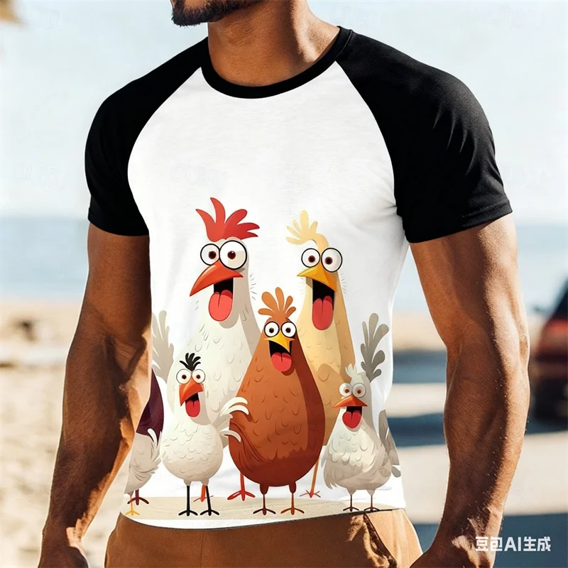 

Funny Chick Men's Raglan Short Sleeve Tops Leisure Fashion Cartoon Animals O-Neck Pullover Tees Daily Breathable T-shirt For Men