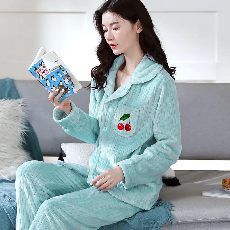 Fashionable Pajamas Set Turn-down Collar Home Clothing Women Ladies  Long Sleeves Pants Autumn Winter Kawaii Sleepwear Soft