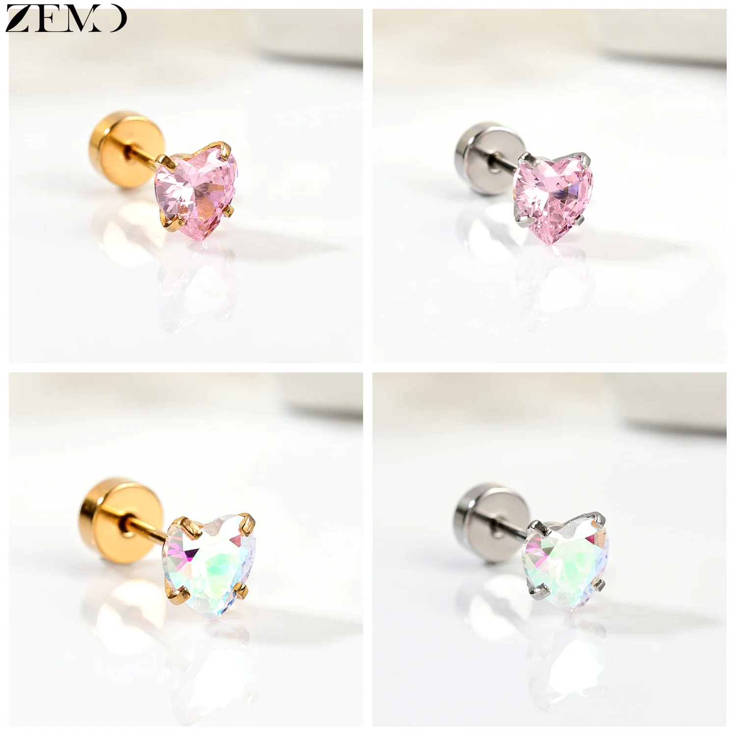 ZEMO 1 Piece 20G Stainless Steel Stud Earrings Women Girls CZ Crystal Ear Studs Flat Back Flower Heart Helix Cartilage Piercings