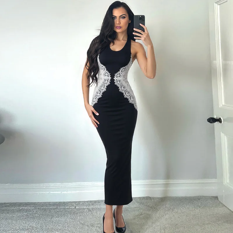 

Ticketsx Elegant Lace Patchwork Long Dress Sexy Halter Neck Hollow Out Contrast Slim Dress Backless Party Clubwear Women Dresses