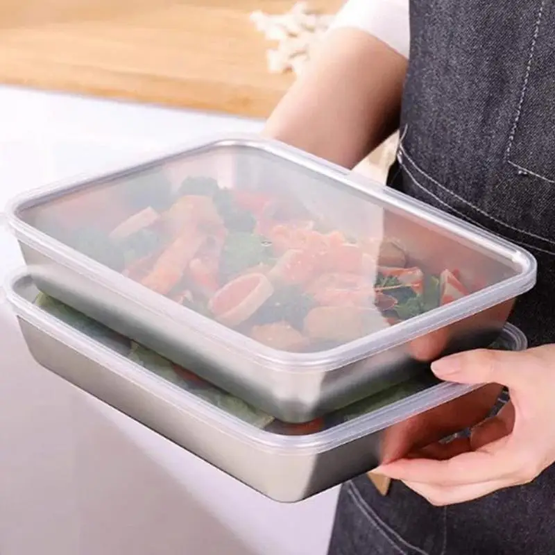 Piring makanan baja tahan karat dengan tutup persegi kotak saji makanan kotak wadah tertutup untuk Oven dapur memasak pembekuan
