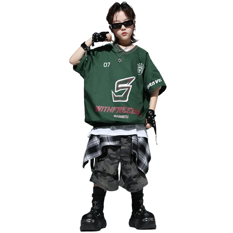 Enfant Kpop Hip Hop vêtements vert col en V t-shirt camouflage sangle décontractée Cargo Shorts pantalons moyens pour fille garçon danse Costumes vêtements