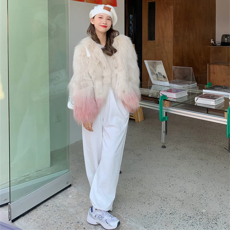 

High Fox Fur Women's Coat Quality Middle and Long Sweet Pink Gradation Swallow Tail Single Breasted Real Fur Jackets Female