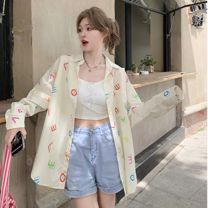 Shirts Women Long Sleeve Candy Color Letter Printed Loose Turn Down Collar Korean Fashion Sweet Girls College Students Leisure